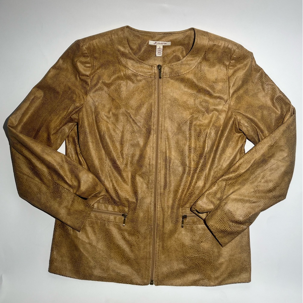 JM Collection Camel Faux Leather Vegan Snakeskin Print Zip Up Jacket w/ Pockets